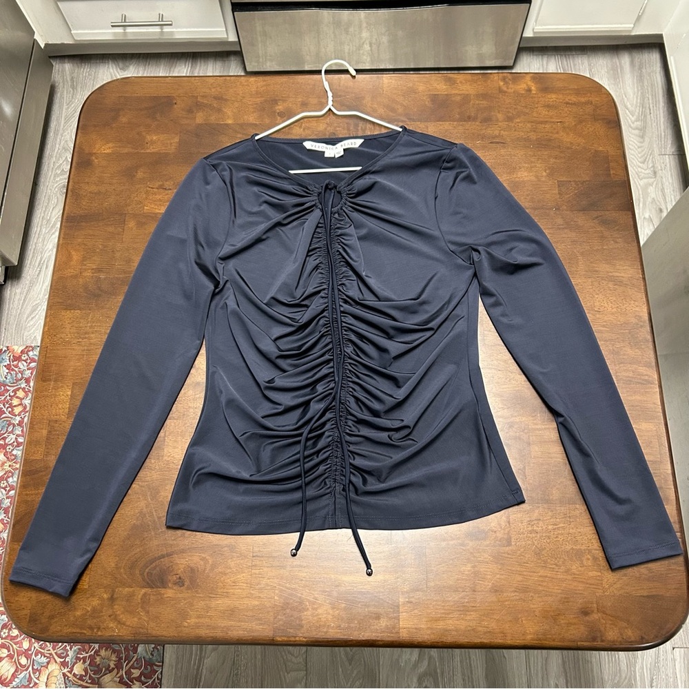 Veronica Beard Roque Top Ruched Tie Back Top in Navy Size 4 - Picture 3 of 16